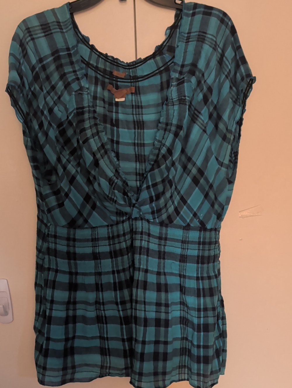 Vintage Plaid V-Neck Short Sleeve Women’s Top in Teal and Black Old Navy XL XXL